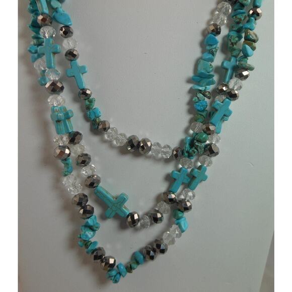 Handcrafted Turquoise Blue Nugget Cross Crystal Necklace Vintage Boho Chic - Picture 1 of 6